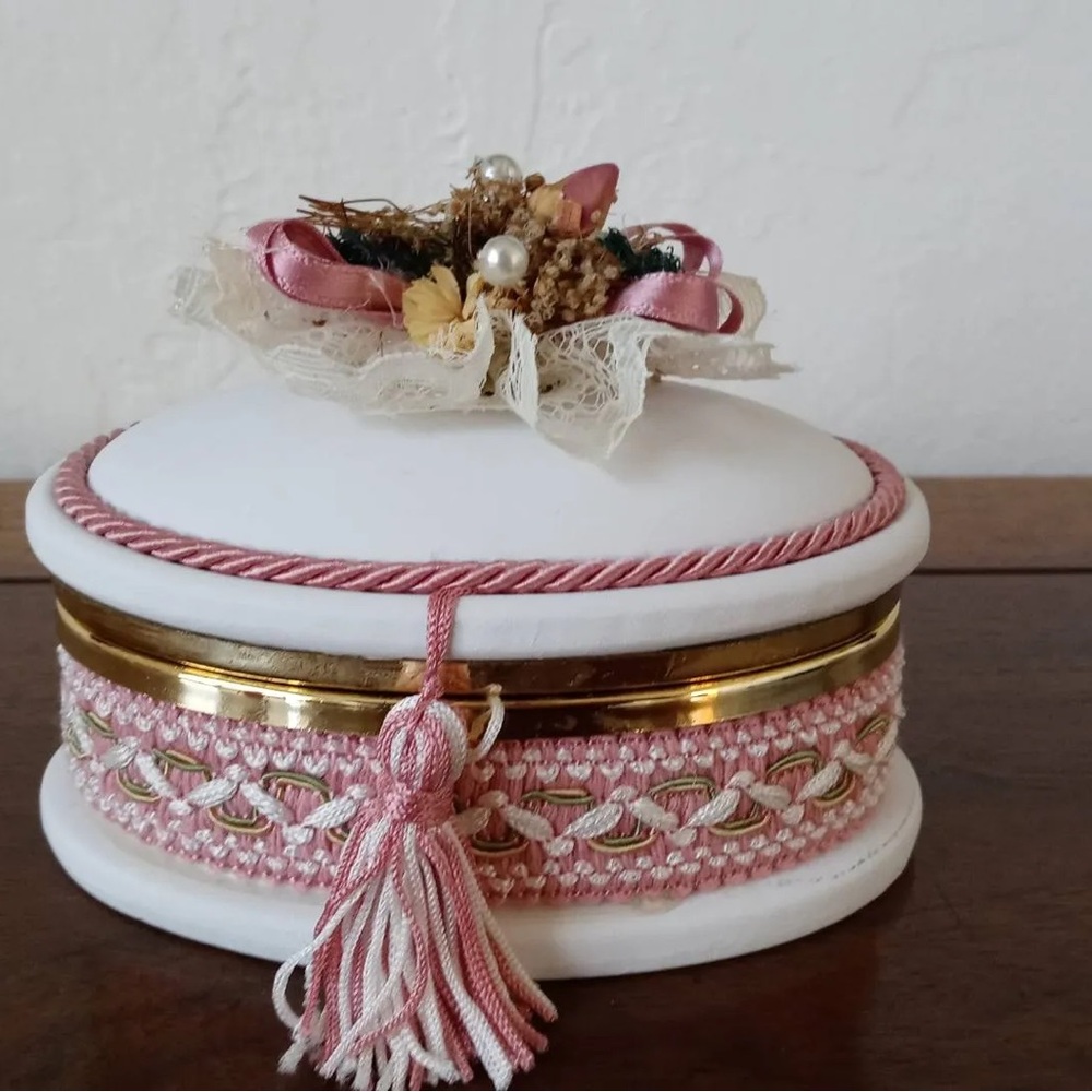 Vintage Floral Porcelain Jewelry Box Pink Lace Gold Trim Cottagecore Trinket Box